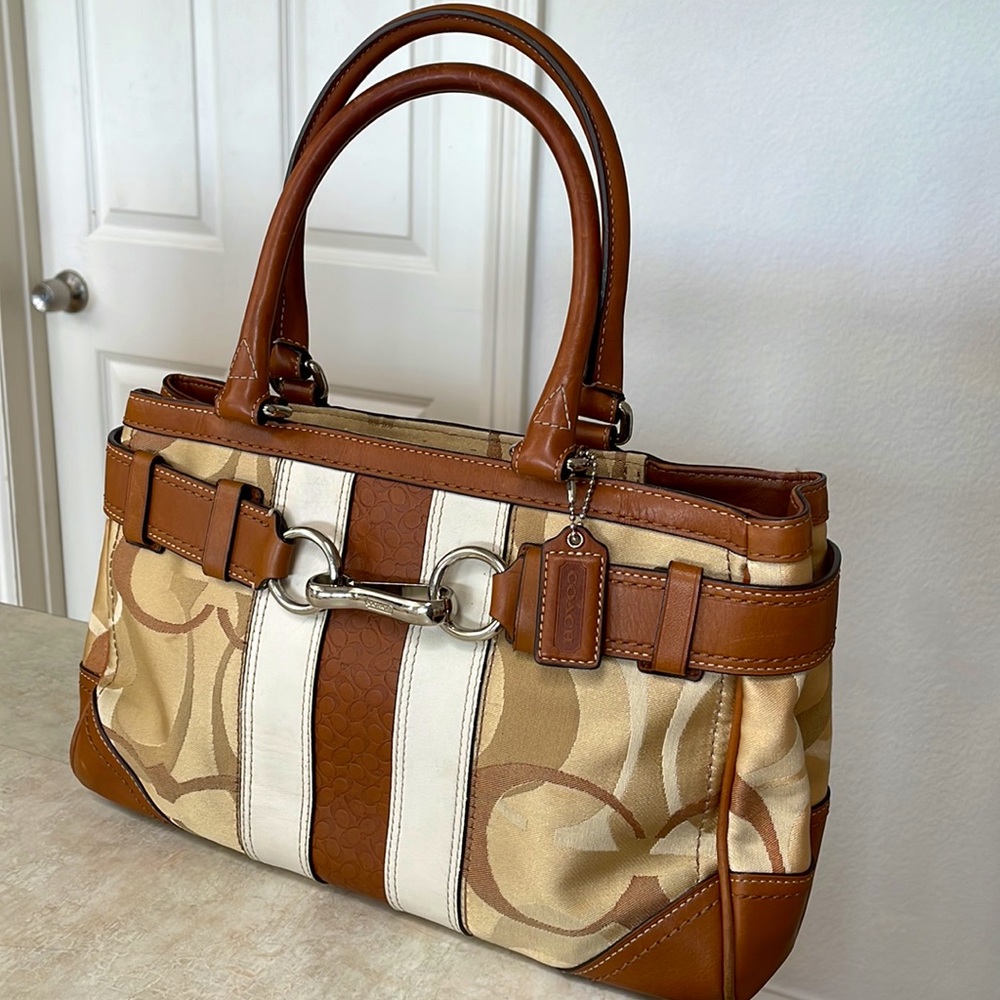 Vintage Authentic Coach Leather Canvas Top Handle Purse Bag Buckle